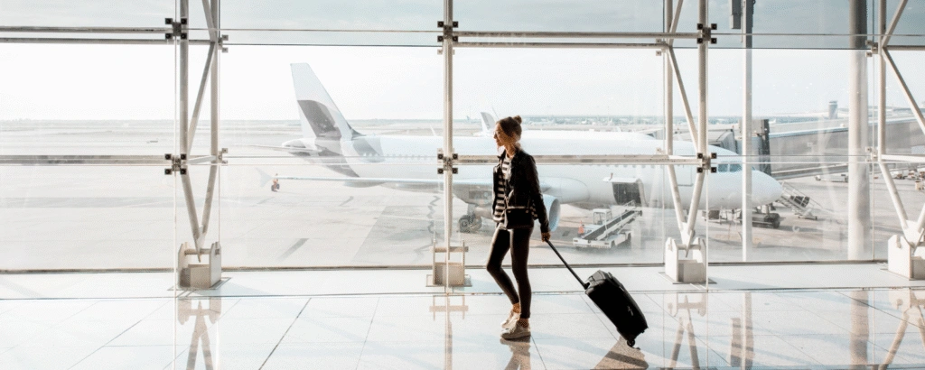 Frau mit Koffer am Flughafen